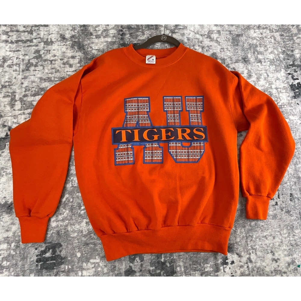 Vtg Jerzees Mens M Sweatshirt 90s AU Tigers Plaid Orange Made in USA Crewneck